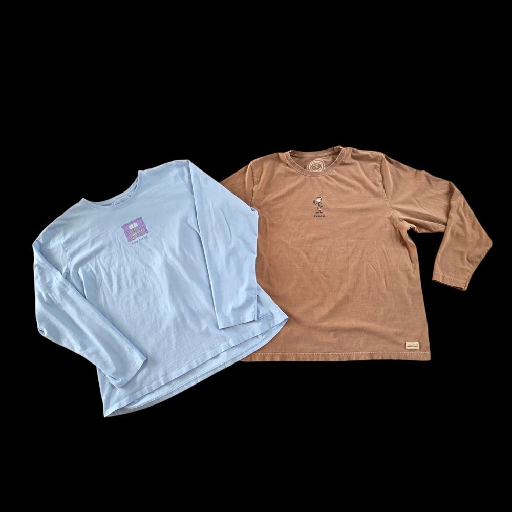 Lot Of TWO Life is Good Long Sleeve Tees Women XXL Blue Brown 2X - Picture 1 of 12
